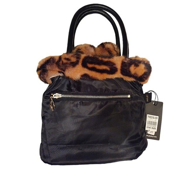Jayley Collection Leopard Print Faux Fur Drawstring Bag w/ Pom-pom Tassels, NWT - Picture 9 of 11